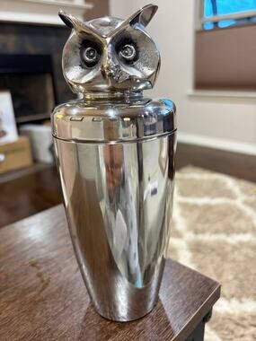 Vintage Z Gallerie Stainless Steel Owl Cocktail Shaker - 2-Piece Barware